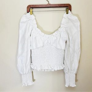 Faithfull The Brand Bel Rose Top in Plain White Linen Smocked Square Neck Sz L